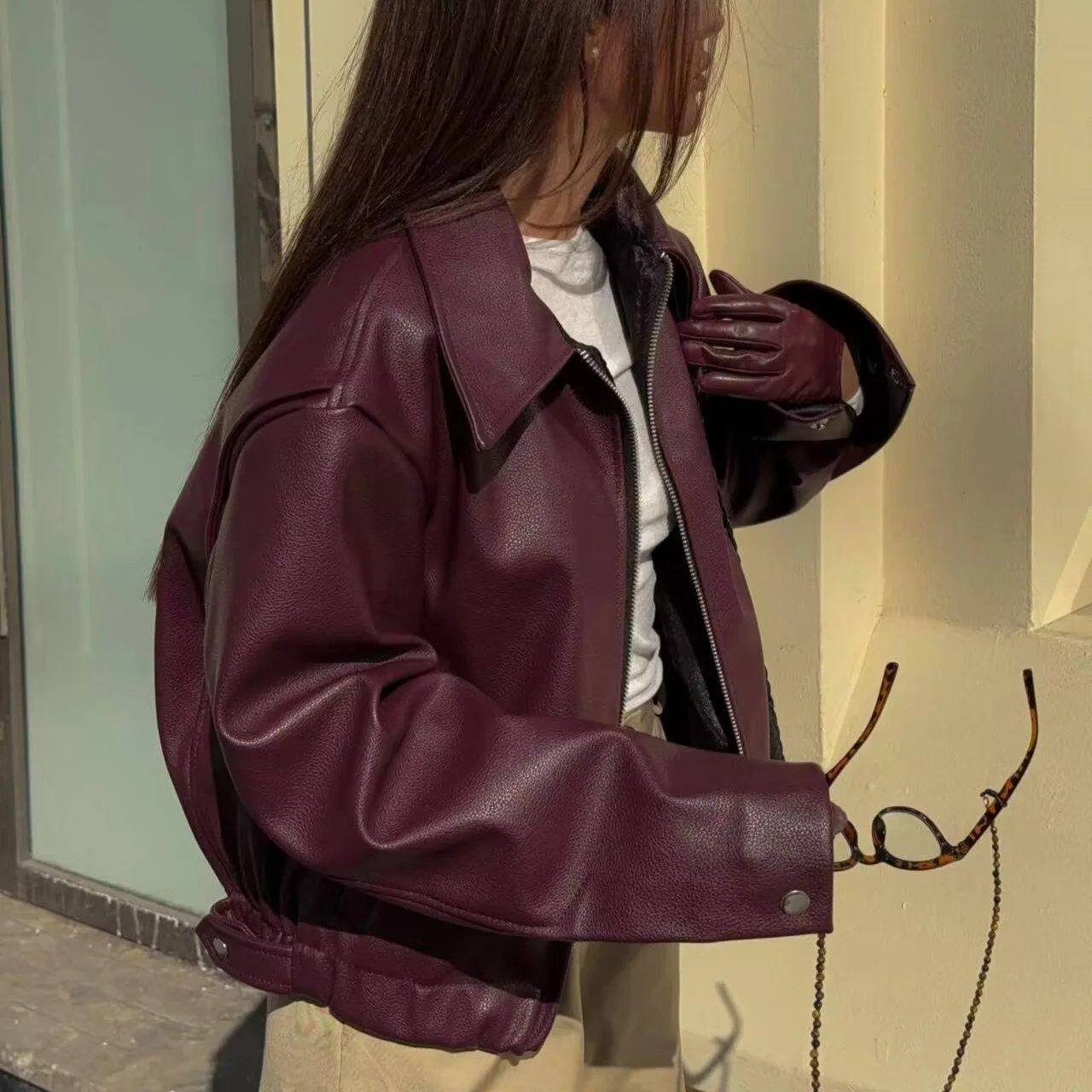 Suninheart Autumn Winter 2024 Women's Moto Biker Zipper Long Sleeve Jacket Faux Leather Jacket Outerwears Causal New in Coats 3