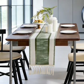 Green Boho Striped Table Runner 1