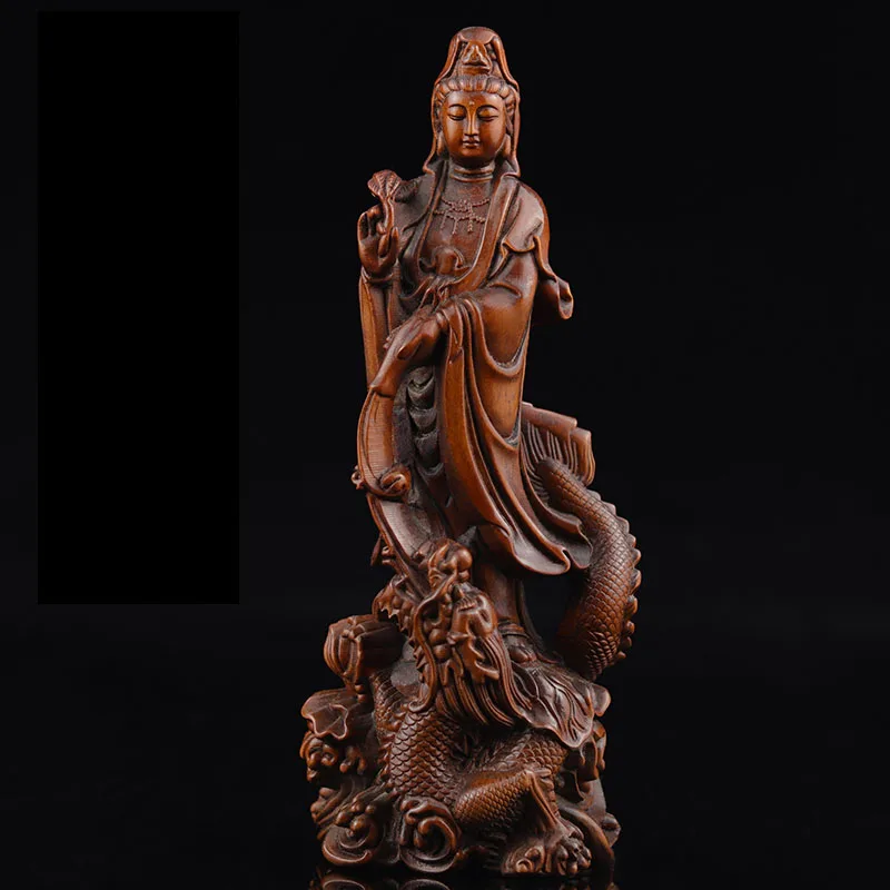 

XS747-17X6.7X5.7CM Boxwood Guanyin Bodhisattva with Dragon Figurine Carving Worship Sculpture Buddha Statue Collection Ornaments