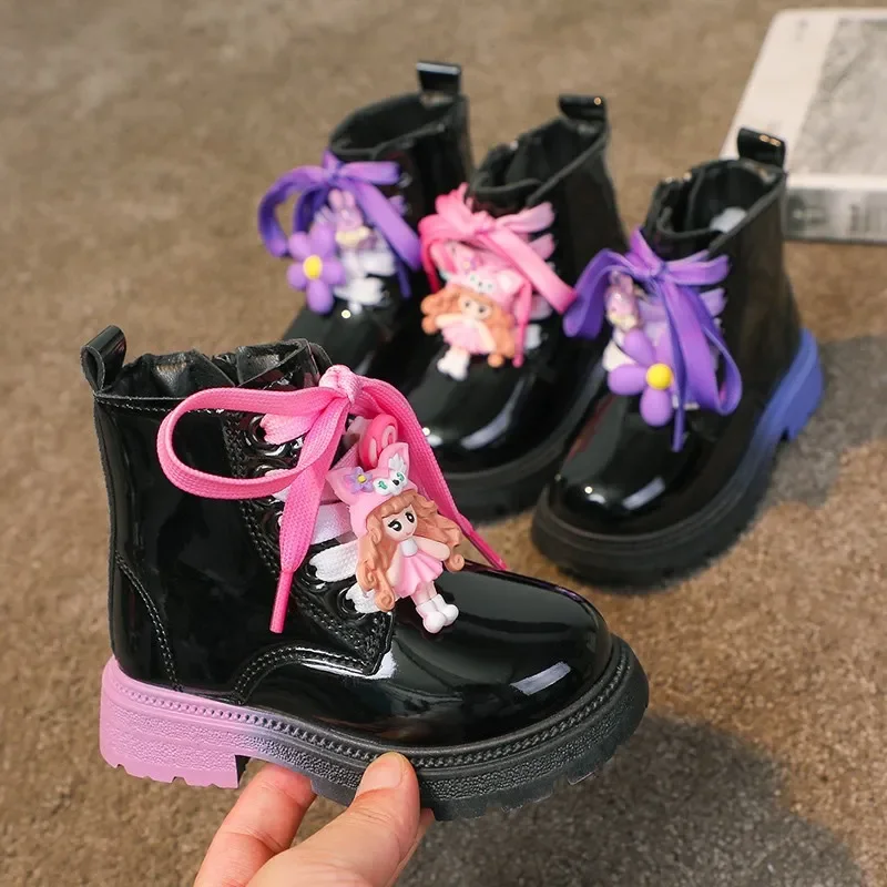 New Girl's Boots 2024 Autumn Pink Purple Patent Leather Cute Children Short Boot Size 22-33 Toddler Chunky Fashion Kids Shoes