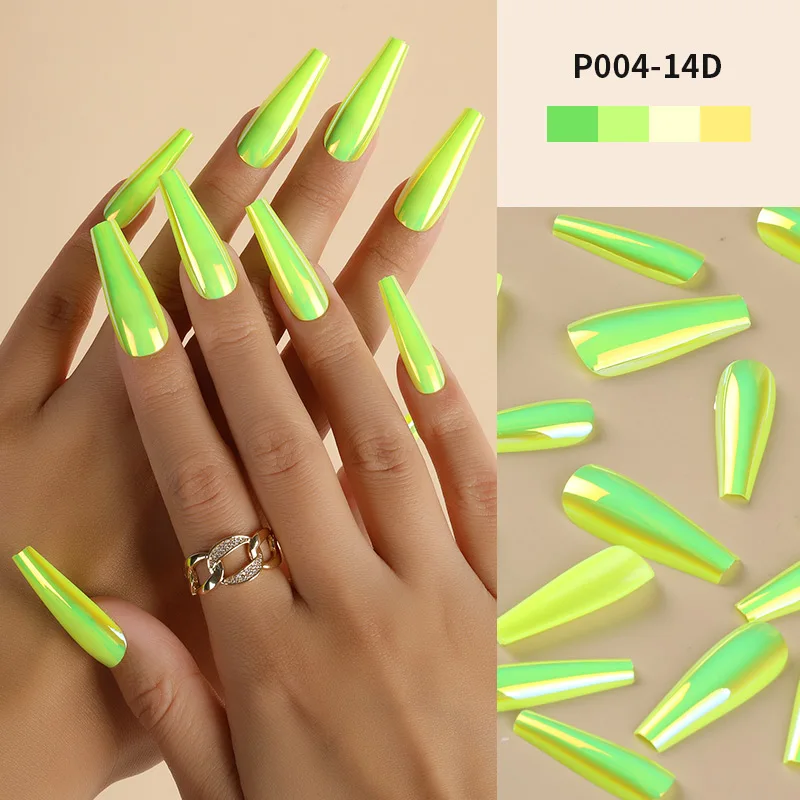 Pinpai 24 Stuks Spiegeleffect Lange Doodskist Op Nepnagels Kit Met Zelfklevende Volledige Omslag Kunstmatige Valse Nail Art Tips Set