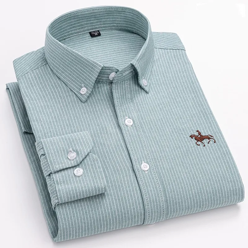 S-6XL Casual Pure Cotton Oxford Mens Shirts Long Sleeve Embroidery Horse Design Regular Fit Fashion Button Man White Dress Shirt