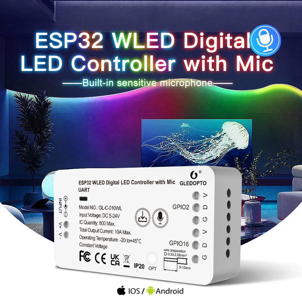 GLEDOPTO ESP32 WLED LED Controller With Mic &UART Dwonload DIY Music Modes For WS2811 WS2812 SK6812 WS2813 WS2815 Strip Lights dc5v ws2812b individually addressable 5050 rgb led strip and sp511e music controller bluetooth dual output eu us uk au power kit