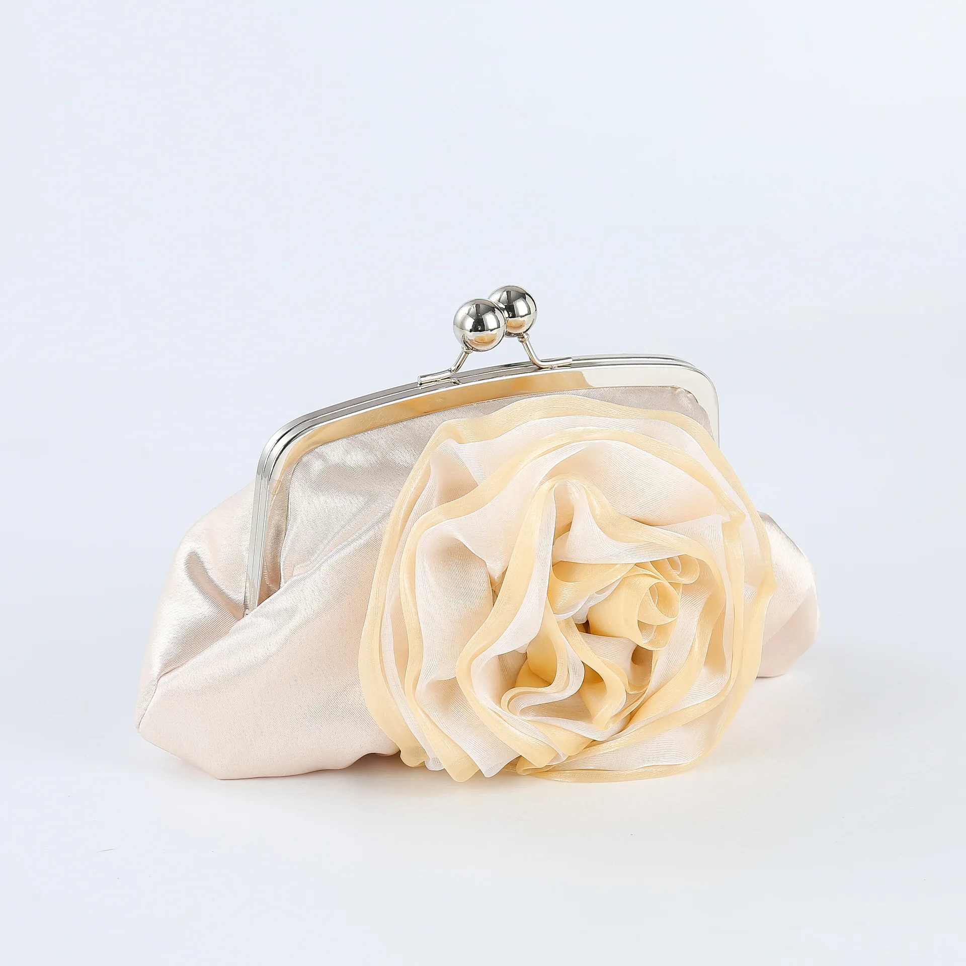 Elegant Silk Flower Small Clutches Solid White Apricot Black Color Handbags For Women Wedding Party Bridal Clutch Shoulder Bag