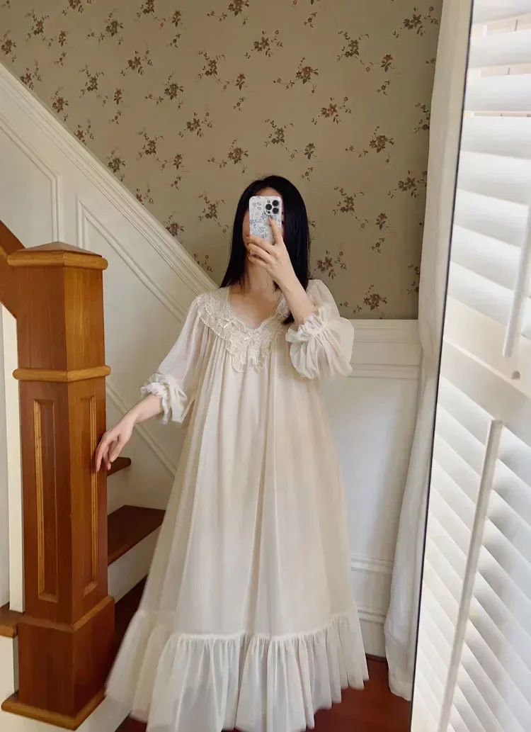 

Сетчатые женские ночные рубашки, Женская однотонная Осенняя кружевная Корейская ночная рубашка с воротником, длинная ночная рубашка, Женская Весенняя сказочная одежда