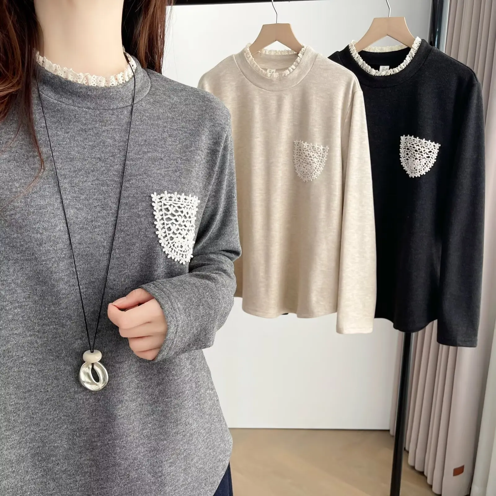 XXXXL Fashion Plus Size Woman Clothing T-Shirt Autumn Winter Style Design Lace Collar Fleece Warm Long Sleeved Base Tops 9693