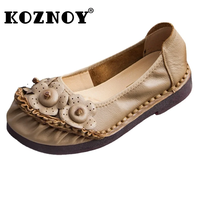 

Koznoy 3cm Ethnic Retro Manual Suture Genuine Leather Flower Soft Comfortable Summer Women Leisure Flats Loafers Plus Size Shoes