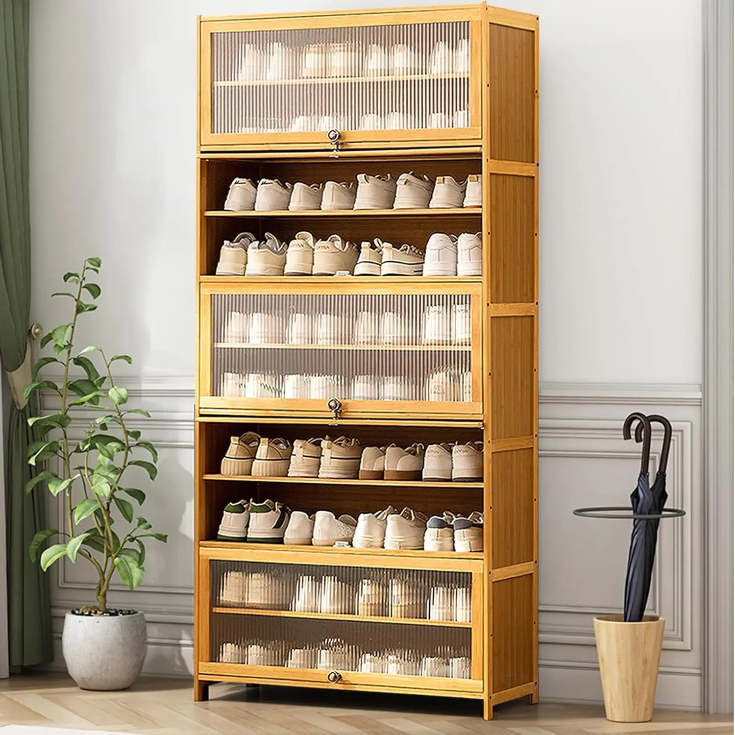 10 Tiers Bamboo Shoe Cabinet Flip Doors Large Shoe Cabinet for entryway 40-45 Pairs Storage Tall