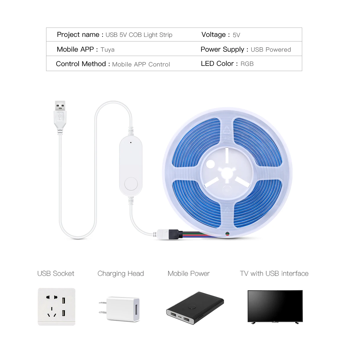 USB 5V Tuya Smart WiFi COB RGB LED Strip Light Dimmable LED Tape Ribbon 576LEDs/M TV BackLight Kitchen Cabinet Room Desk Decor led strip light