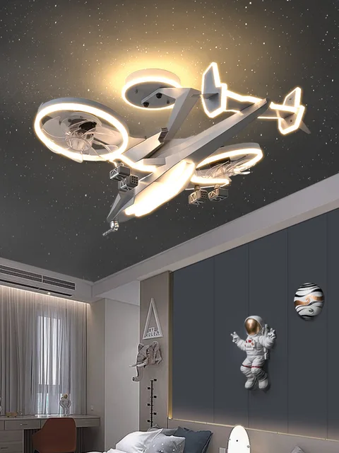 リモコン付きLED 戦闘機シャンデリア男の子の部屋の寝室の装飾ランプ ひみ