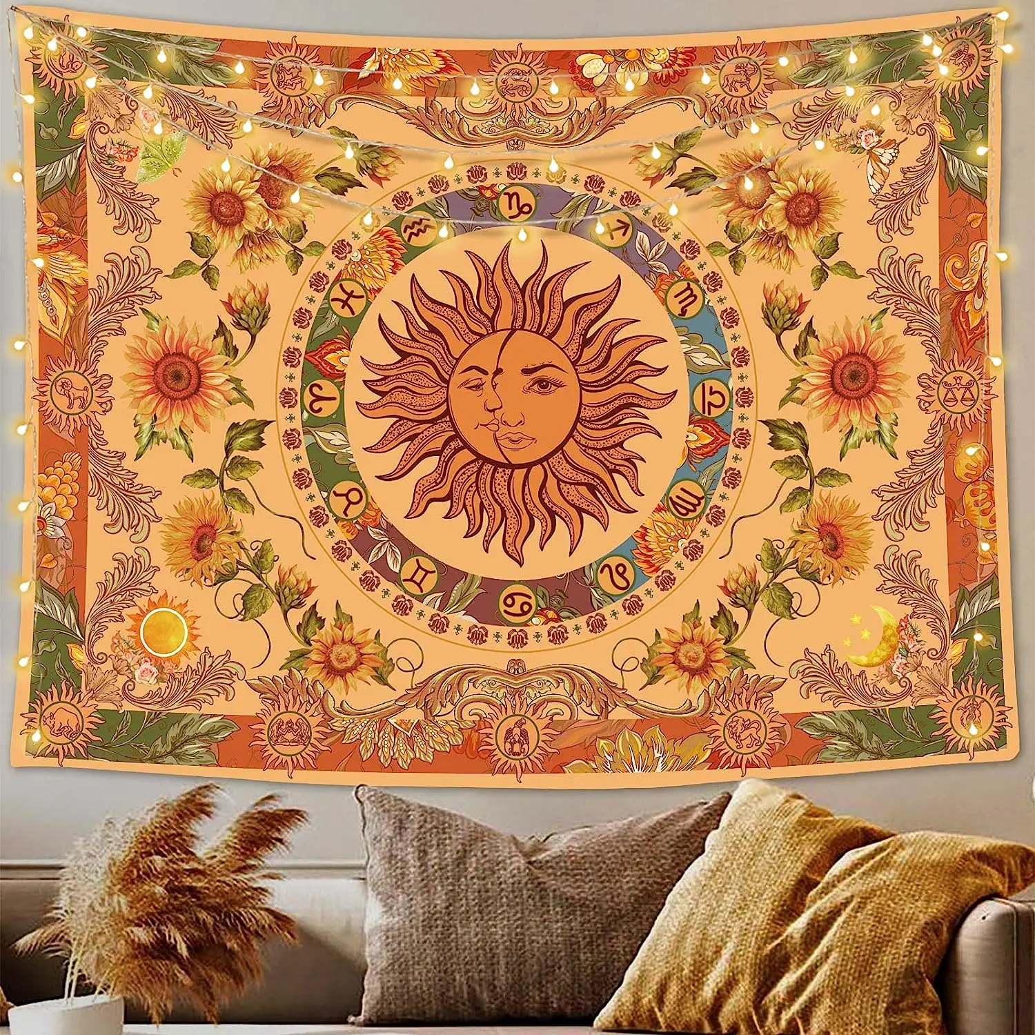 

Yellow Sun and Moon Tapestry Vintage Indie Boho Wall Hanging with Sunflowers Butterfly Moth Constellation Aesthetic Tapestries