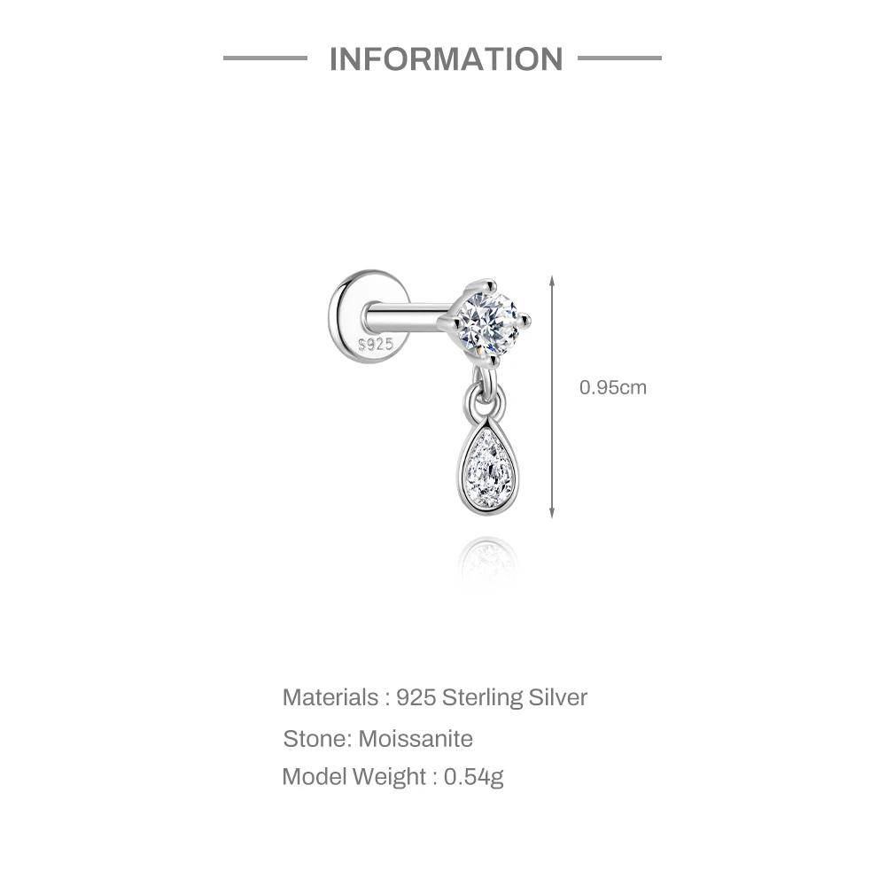 ROXI 1 Stück klassischer Wassertropfen/Augen Moissanit Piercing Flachkopf Faden Ohrring Damen 925 Sterling Silber Edlen Schmuck Geschenke – Detail 35