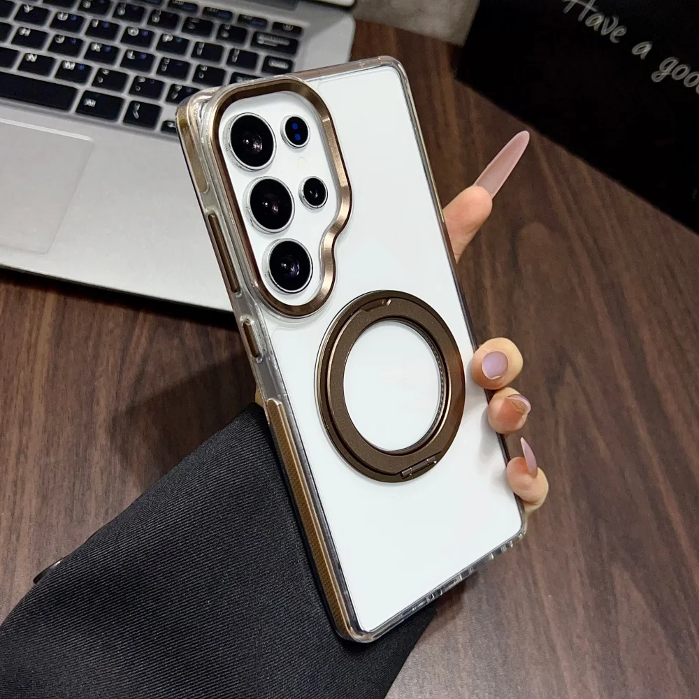 Magnetic 360 Rotating Transparent Shockproof Phone Case with Colorful Bumper Cover