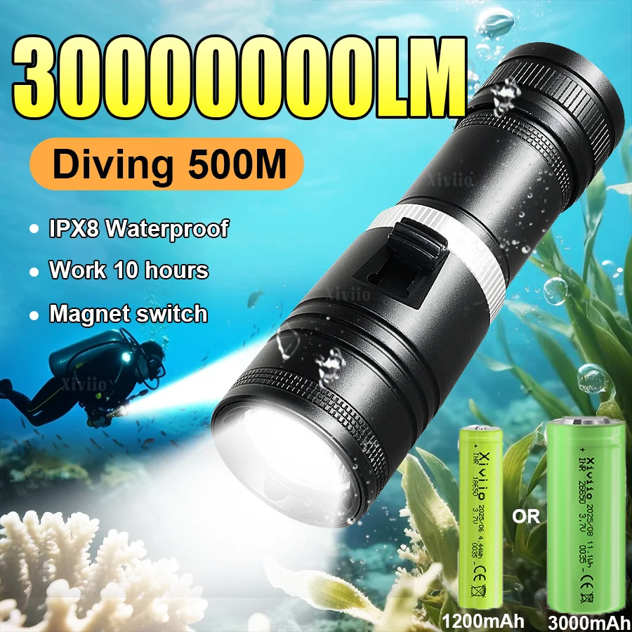 전문가용 초강력 30000000LM LED 스쿠버 다이빙 IPX8 방수 LED 손전..