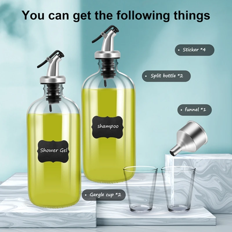 ABXF-16Oz Glass Mouthwash Dispenser With Pour Spout Funnel And Labels Reusable Mouthwash Bottles Container