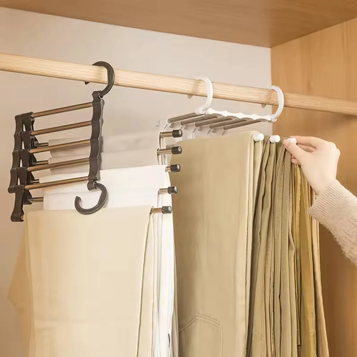 5 In1 Save Space Pants Hanger Collapsible Towel Tie Hook Multi-functional Clothes Trouser Rack Wardrobe Closet Organizer Storage