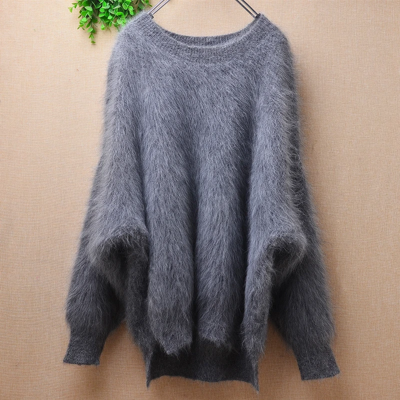 

Ladies Women Fall Winter Grey Thick Warm Hairy Mink Cashmere Knitted O-Neck Long Batwing Sleeves Loose Pullover Sweater Jumper