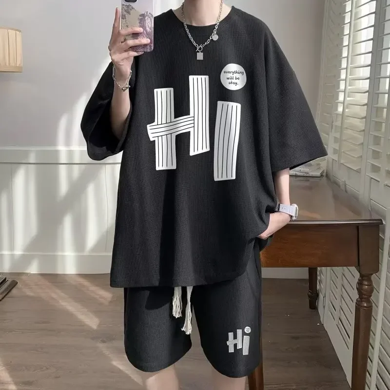 Casual Men's Summer T-Shirt Shorts Two-Piece Set Loose Fit Hong Kong Style Printed Plus Size Sportswear 3