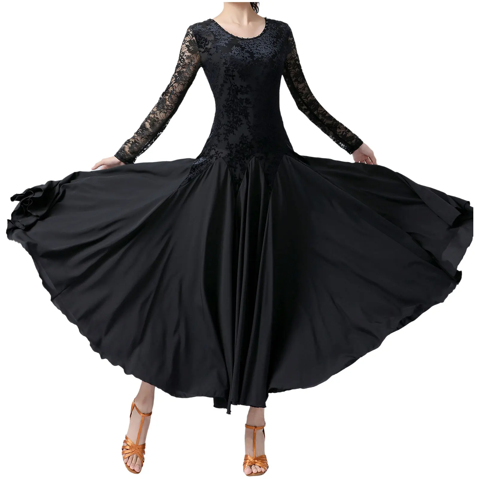 TiaoBug Womens Ballroom Dancing Dresses Long Sleeve Lace Patchwork Skirt for Waltz Cha-Cha Performance Competition