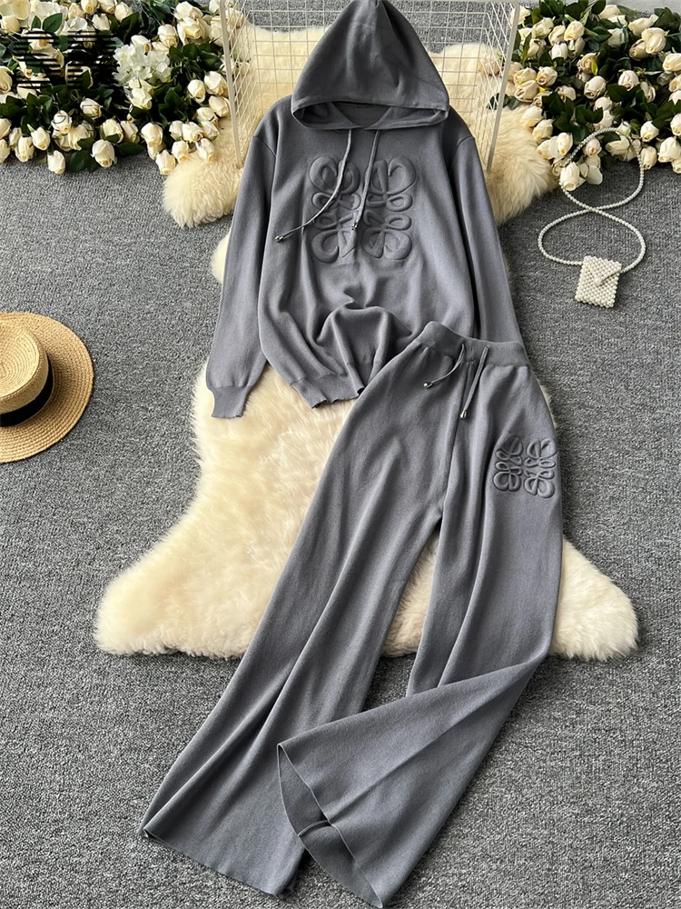 SINGREINY Lazy Casual Knit Two Pieces Set Women Autumn Winter Long Sleeve 3D Texture Printed Hoodies+Drawstring Pants 2pcs Suits 2