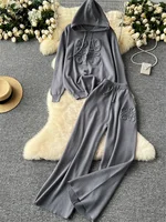 SINGREINY Lazy Casual Knit Two Pieces Set Women Autumn Winter Long Sleeve 3D Texture Printed Hoodies+Drawstring Pants 2pcs Suits 2
