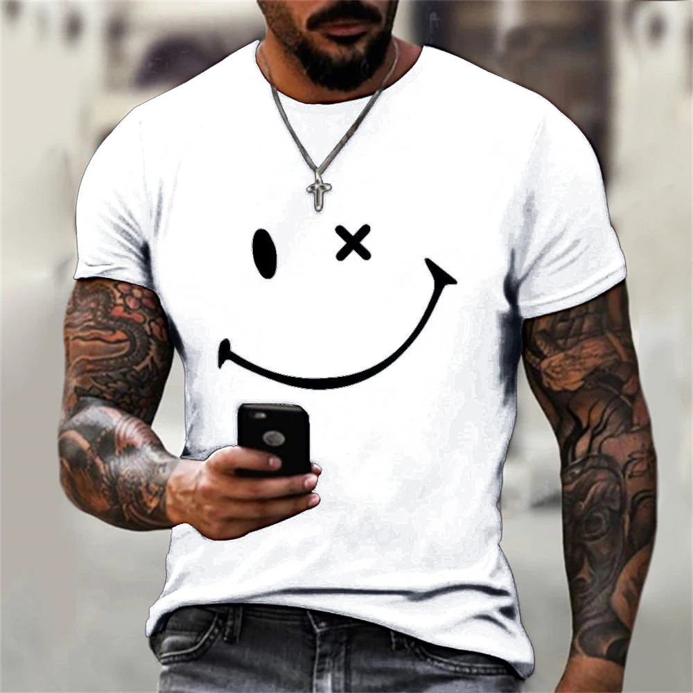 

2024 new fashion summer fashion solid color men's women's simple t-shirt 3d funny smiling face print loose sleeve top t-shirt