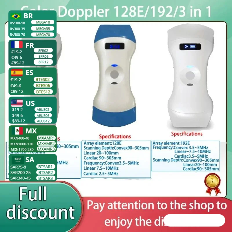 128e/192E Wifi Wireless Color Ultrasound Doppler 3 in 1 Probe Convex Linear Phased Array Probe support iOS Android Windows