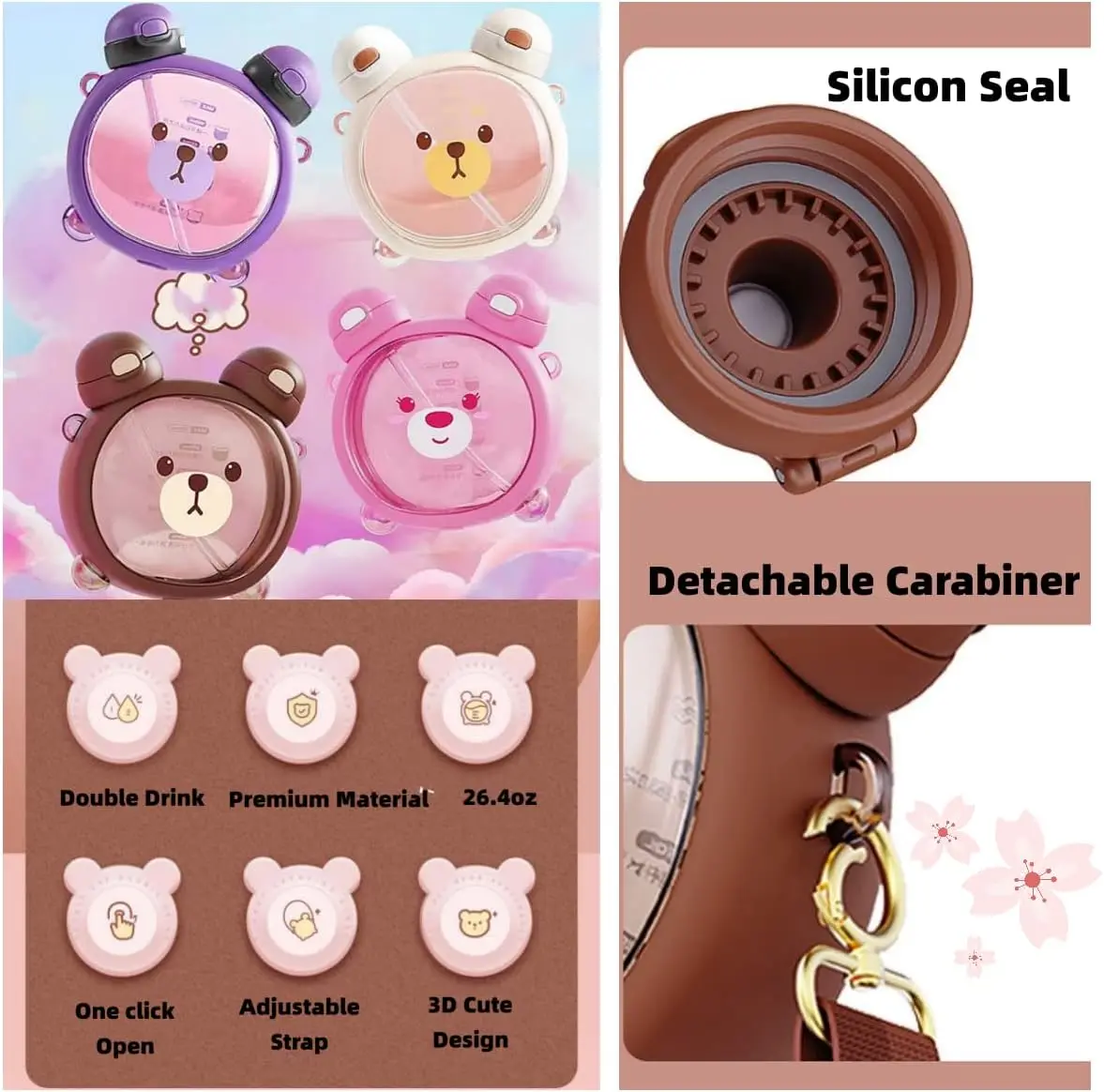 Cute Cartoon Bear Water Cup Straw Type Direct Drinking Bottle With Straw Travel Mug Kawaii Kids Tumbler Sport Drink Kettle 750Ml