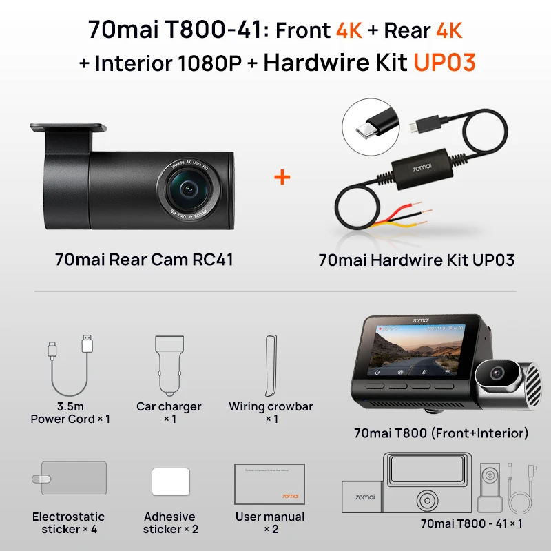 كاميرا داش 70mai T800 4K ثلاثية القنوات