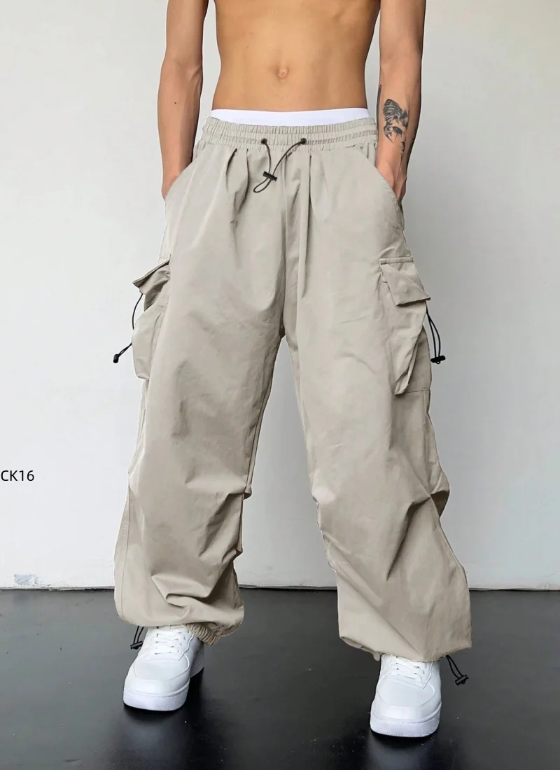 Men's casual workwear, fashionable streetwear, classic men's straight leg wide leg pants, drawstring workwear, fashionable loose - 5