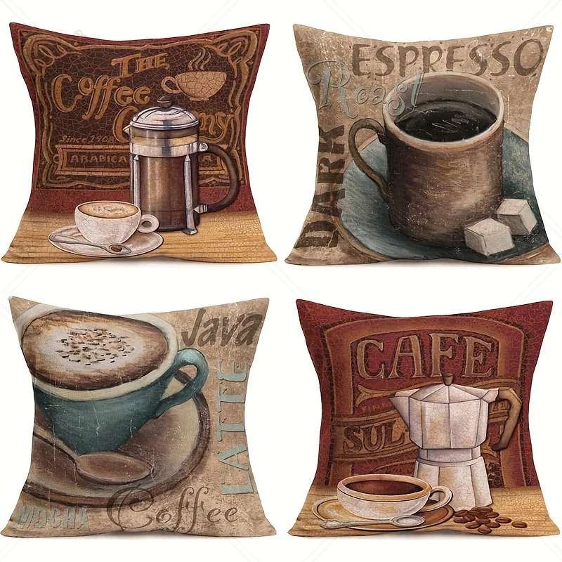 

Espresso 4pcs Oil Painting Retro Throw Pillow Cover Coffee Cafe Bar Chair Sofa Decor Words Design Pillow Case Home Decor Square