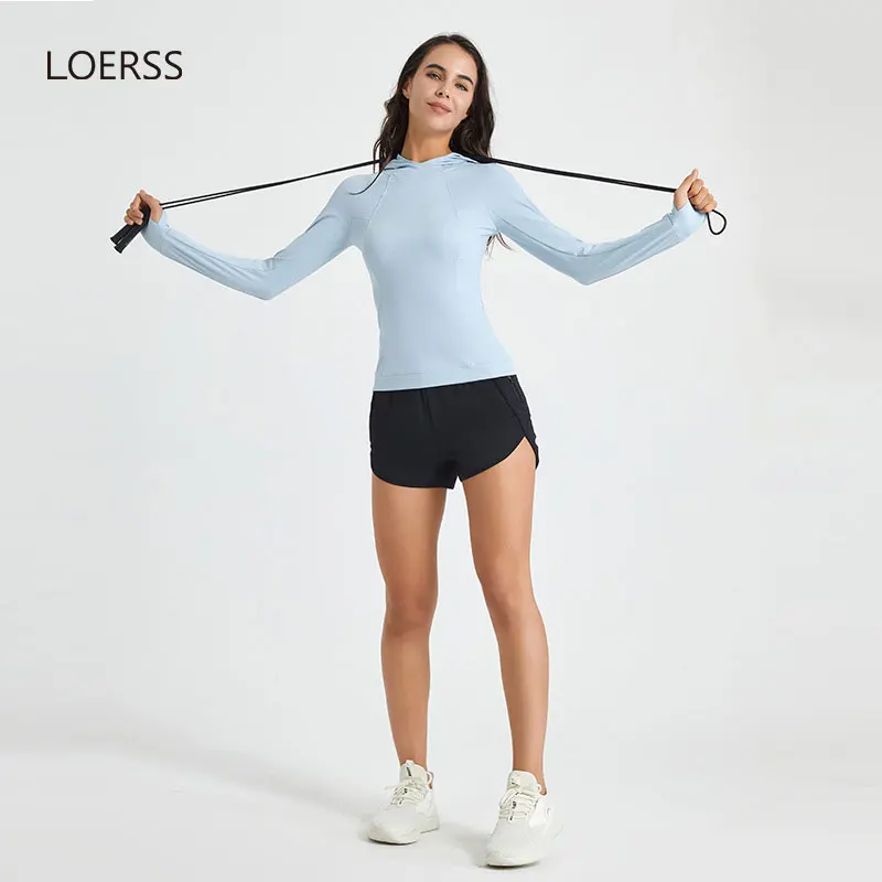 LOERSS 긴팔 요가 티셔츠, 스포츠 후드 탑, 슬림 퀵 드라이 피트니스 요가 러닝 운동 재킷, 가을 풀오버