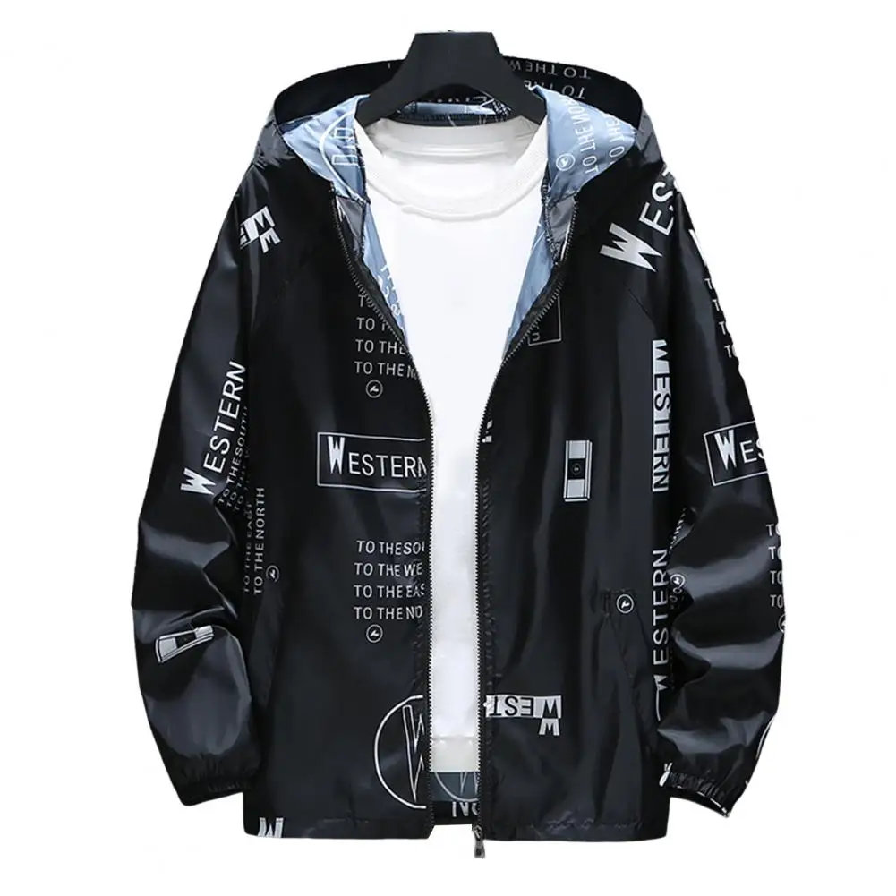 

Men Jacket Hooded Zipper Closure Anti-UV Coat Elastic Cuff Letter Print Windbreaker