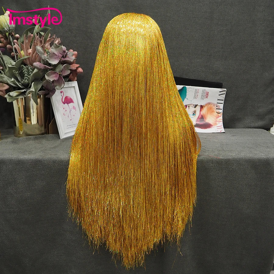 Synthetic Wig Full Tinsel Wig Lace Front Gold Red Long Straight Silver Gray For Party