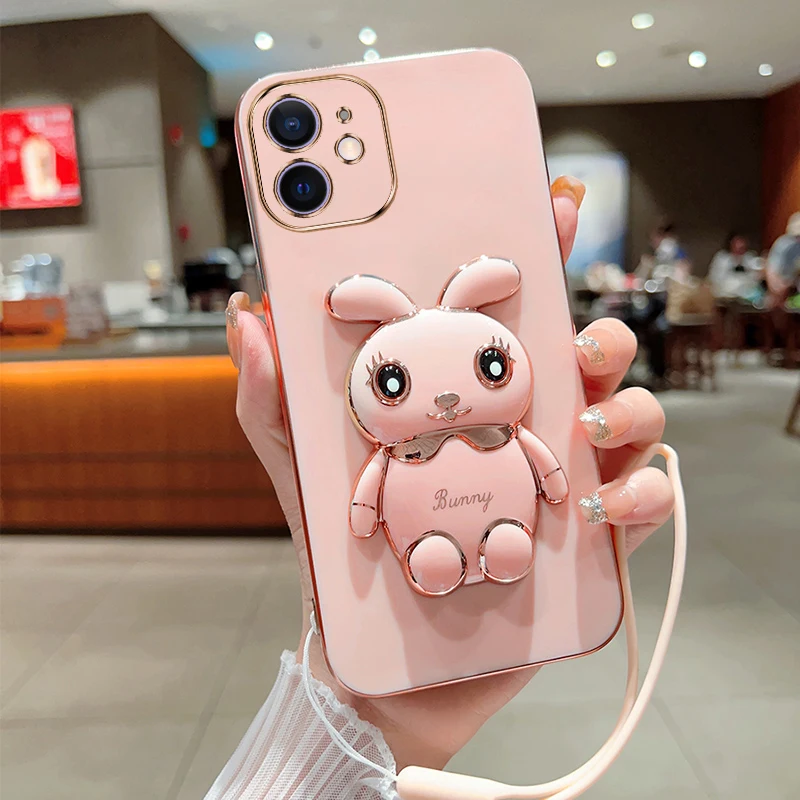 

For Iphone 12 mini Phone Case Cute Cartoon Rabbit Fold Stand With Lanyard Soft Silicone Luxury Plating Cover