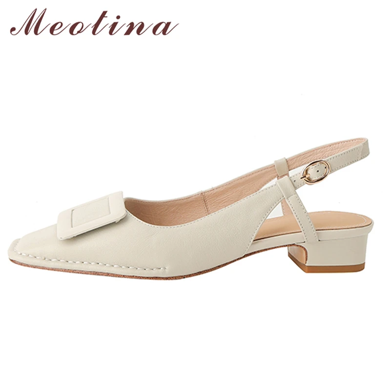 

Meotina Women Shoes Genuine Leather Slingbacks Thick Heels Pumps Buckle Low Heel Square Toe Ladies Footwear Spring Beige Yellow