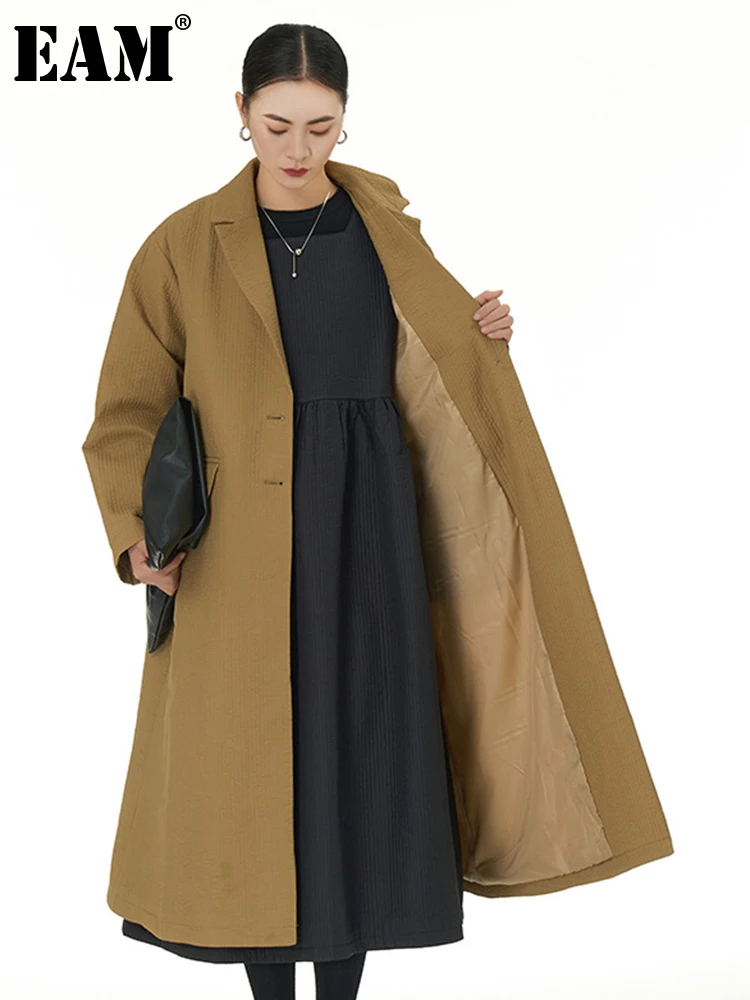 

[EAM] Women Khaki Big Size Casual Trench New Lapel Long Sleeve Loose Fit Windbreaker Fashion Tide Spring Autumn 2023 1DH3131