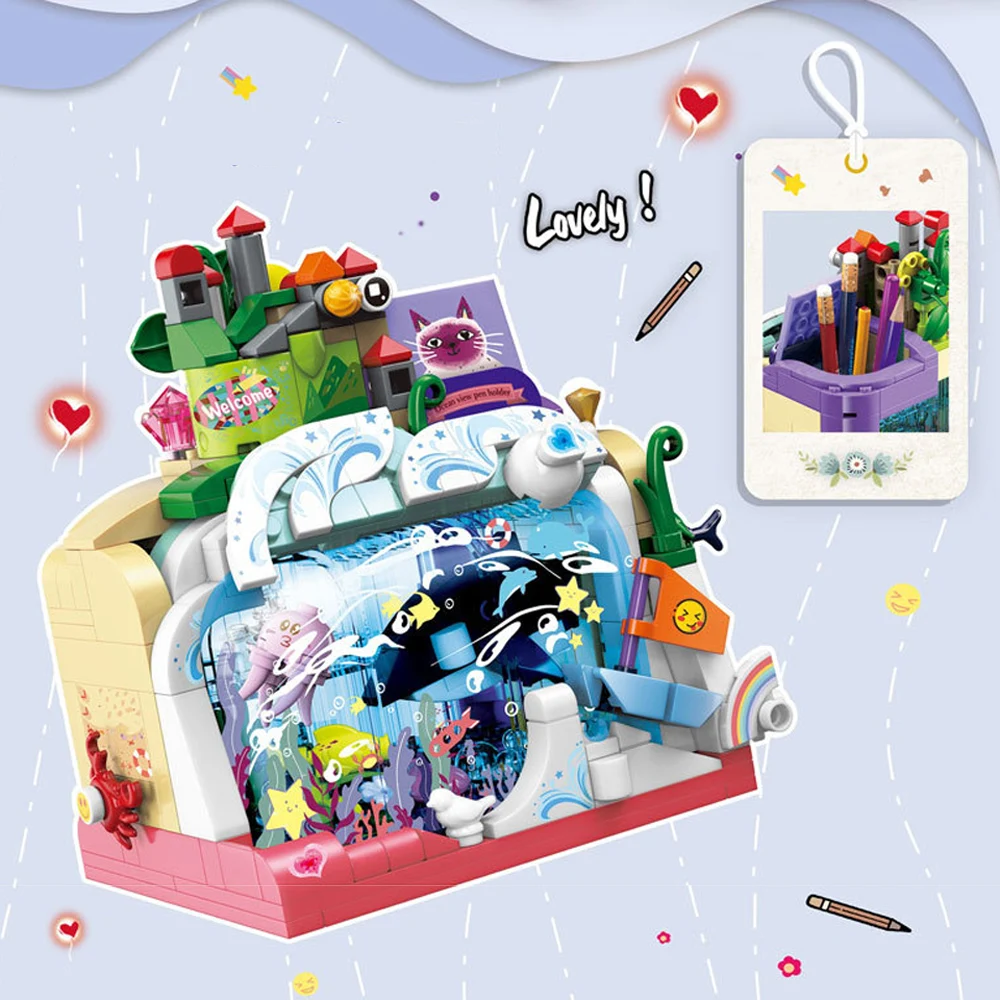 Creative Pen Container Building Block House Ocean World Space Adventure Delicious Dessert Figures Assemble Brick Toy With Light