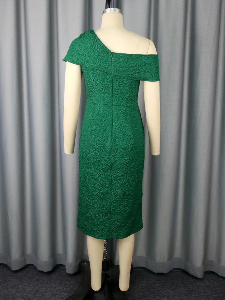 Dark Green Rose Jacquard Off Shoulder Bow Package Hip Dress Slim Fit  Elegant Midi Party Outfit for Women Cocktail Evening
