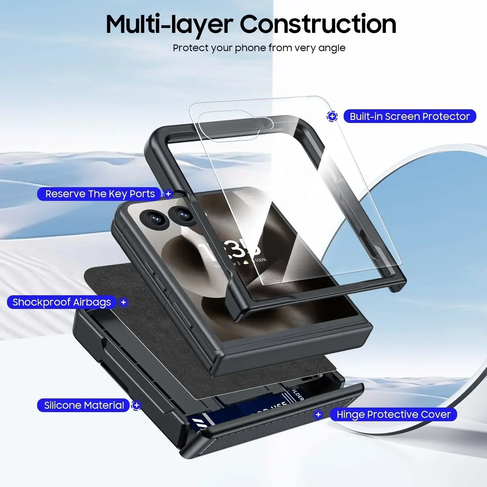 Black Phone Case with Card Clip, Hinge Protection, RFID Shielding, and Screen Protector