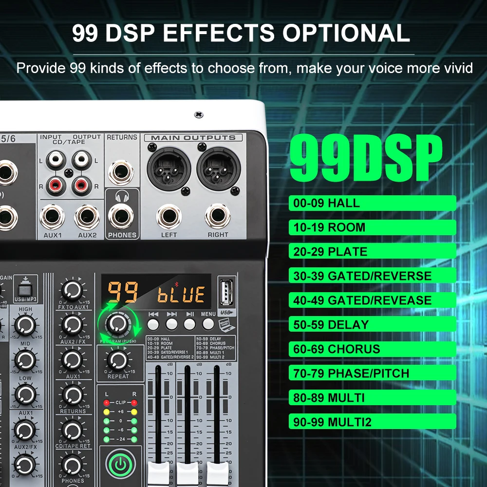 Audio Mixer LEUS MX6 Channel 99 DSP Effect Audio Mixer Record PC 48V Phantom Power USB Sound Mixers Bluetooth DJ Console Mixing for Karaok