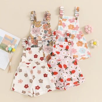 Citgeett Summer Kids Girls Overalls Flower Print Sleeveless Straps Buttons Pockets Romper Jumpsuit Clothes
