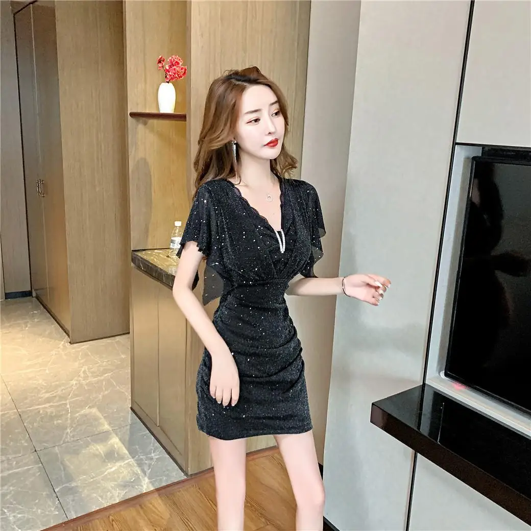tight female dresses Women's Chiffon Floor Length Dress, Short Sleeve, Pullover Closure With a lace Tight Dress Cheap Black Club