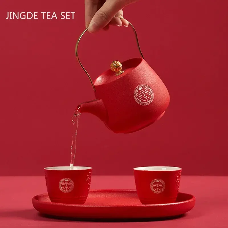 Tea Set Household Red Ceramics Tea Pot Set Boutique Tea Pot and Cup Set Sets Gifts Handmade Teaware Accessories