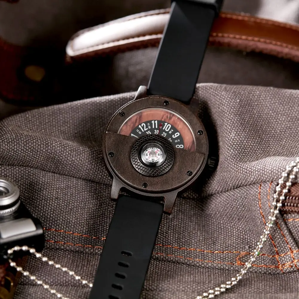 Creative Mens Walnut Wood Watch Male Wooden Rubber Real Natural Rosewood Men Wrist Watch Men's Compass Turntable Wristwatch