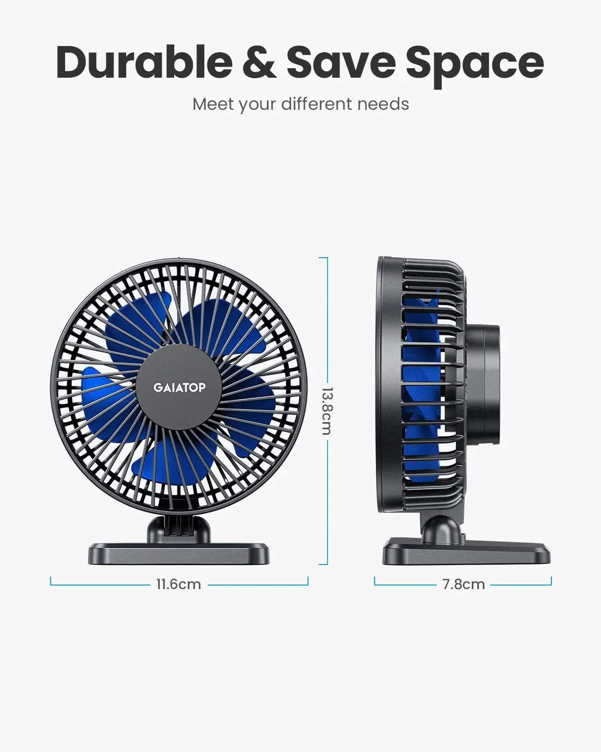 USB-bureauventilator, klein maar krachtig, stil, 3 snelheden, verstelbare mini-tafelventilator voor thuis, kantoor, auto, zomer en op reis, blauw_voghion.com