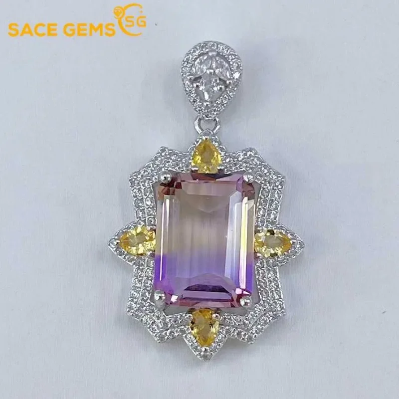 

SACE GEMS Luxury 925 Sterling Silver Certified 10*14MM Natual Ametrine Pendant Necklace for Women Cocktail Party Fine Jewelry