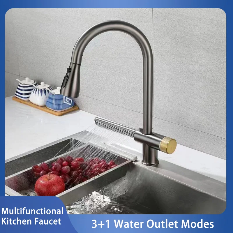 Waterfall Faucet Kitchen Sink Basin Bowl Mixer Hot Cold Pull out Water