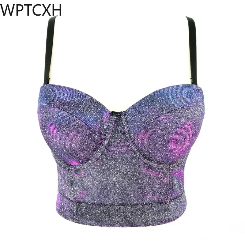 

Chic Lady Tops Outside Wear Shapewear Wrap Breast Gold Powder Short Suspenders Magic Strap Glitter Disco Dancing Vest Clothes