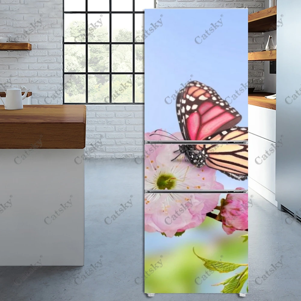 

Pink Butterfly Fridge Door Printing Cover Wall Sticker Self-adhesive Flower Refrigerator Stickers Wallpaper Home Decoration